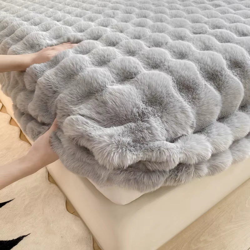 Fluffy Plush Fitted Bed Sheet for Winter Solid Color Rabbit Fleece Bed Sheets on Elastic Winter Warm Thicken Mattress Protector