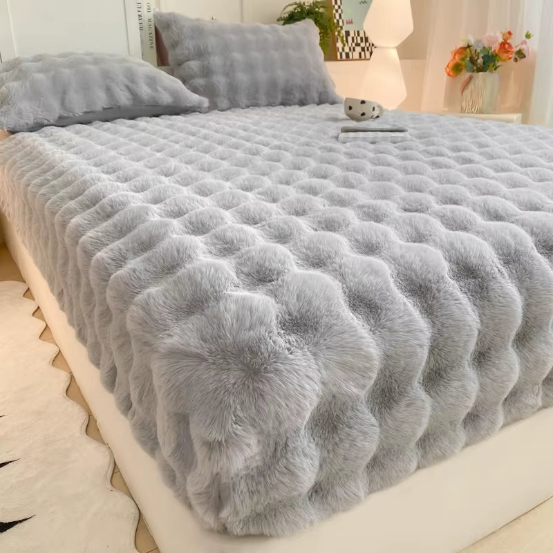 Fluffy Plush Fitted Bed Sheet for Winter Solid Color Rabbit Fleece Bed Sheets on Elastic Winter Warm Thicken Mattress Protector