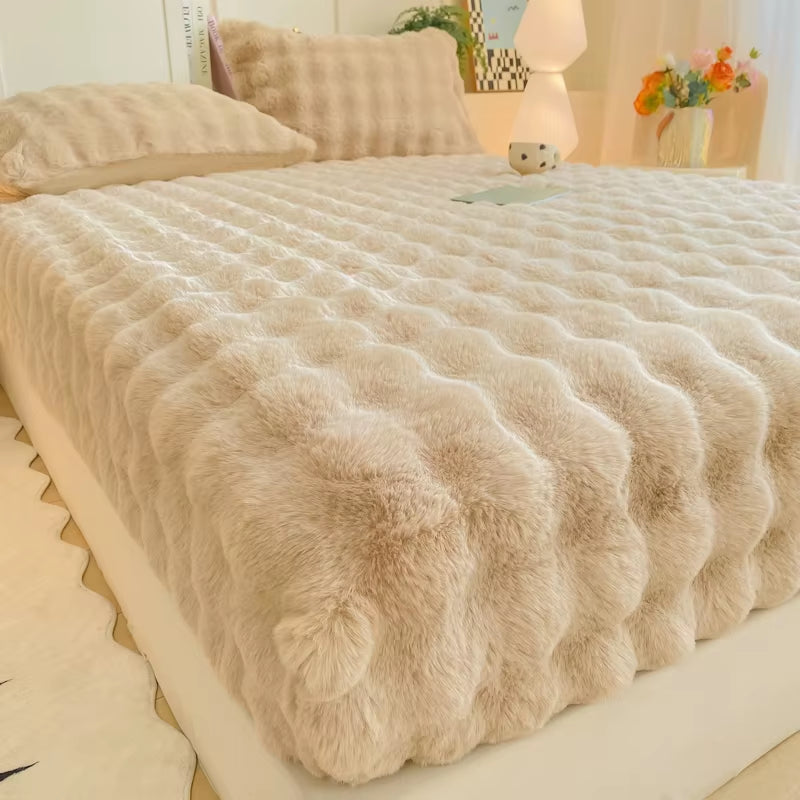 Fluffy Plush Fitted Bed Sheet for Winter Solid Color Rabbit Fleece Bed Sheets on Elastic Winter Warm Thicken Mattress Protector
