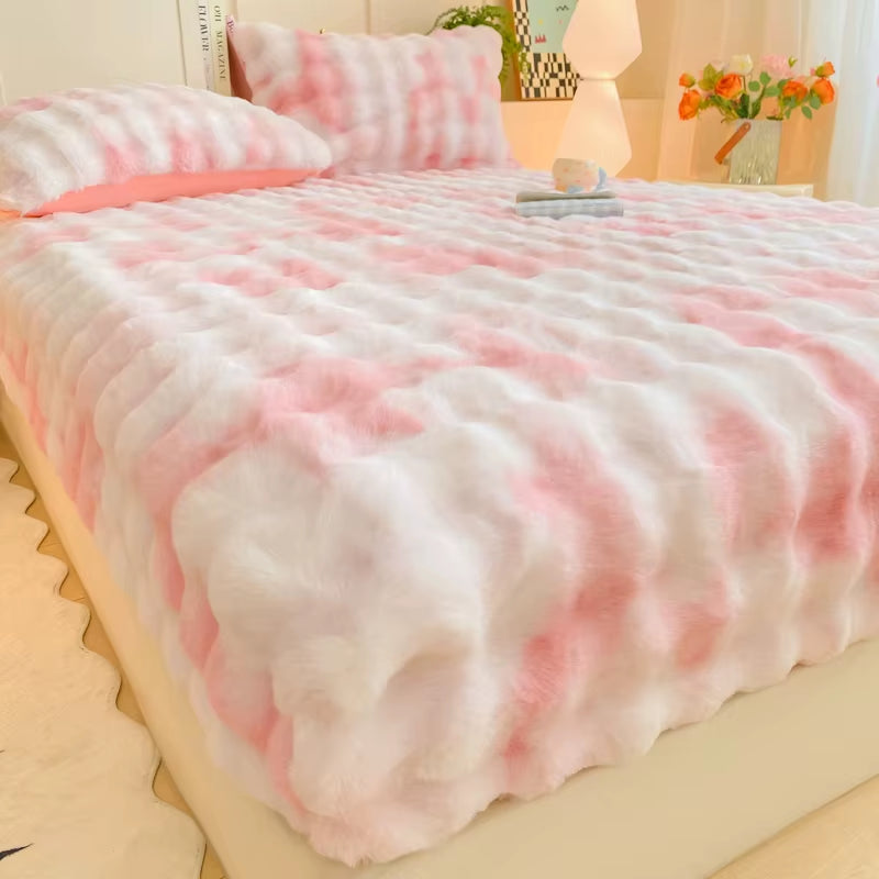 Fluffy Plush Fitted Bed Sheet for Winter Solid Color Rabbit Fleece Bed Sheets on Elastic Winter Warm Thicken Mattress Protector