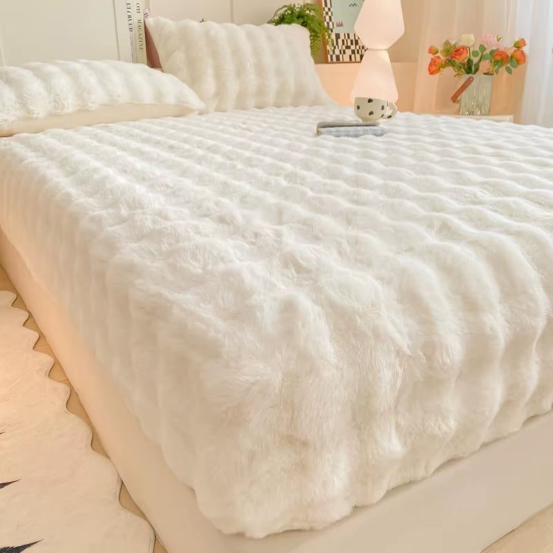 Fluffy Plush Fitted Bed Sheet for Winter Solid Color Rabbit Fleece Bed Sheets on Elastic Winter Warm Thicken Mattress Protector