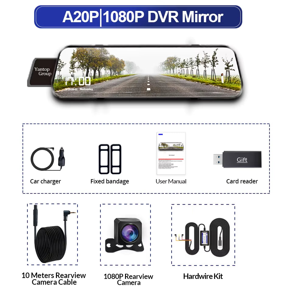 10 Inch Car DVR Car Touch Screen Video Recorder Dual 1080P Rearview Mirror Front and Rear HD Night Vision Camera Mirror