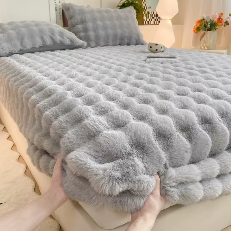 Fluffy Plush Fitted Bed Sheet for Winter Solid Color Rabbit Fleece Bed Sheets on Elastic Winter Warm Thicken Mattress Protector